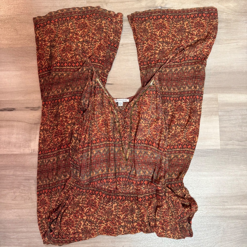 American Eagle Boho Paisley Wide Leg Jumpsuit Orange Sequin Embellished Medium